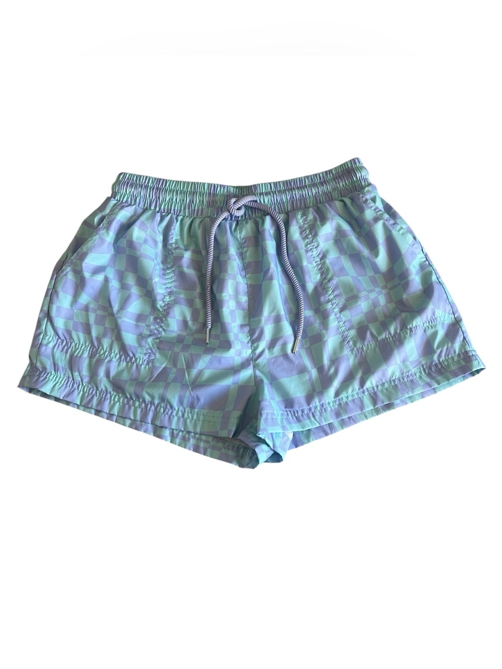 Vivre La Vie womens swim shorts checkered purple teal colorway meshed lined